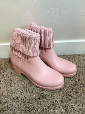 Moncler Ginette Rain Boot, Light Pink, Women's Size 38 EU / Size 8 US, Knit Cuff
